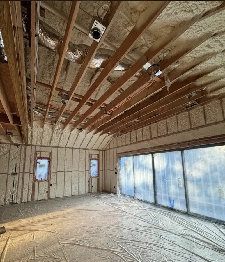 Interior walls and ceiling insulated with spray foam during new construction in Peach Bottom